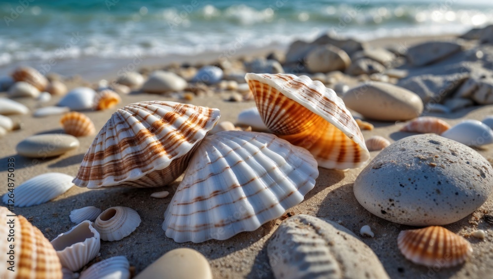Poster close-up of various seashells and pebbles on a sandy beach with ocean waves in the background copy s