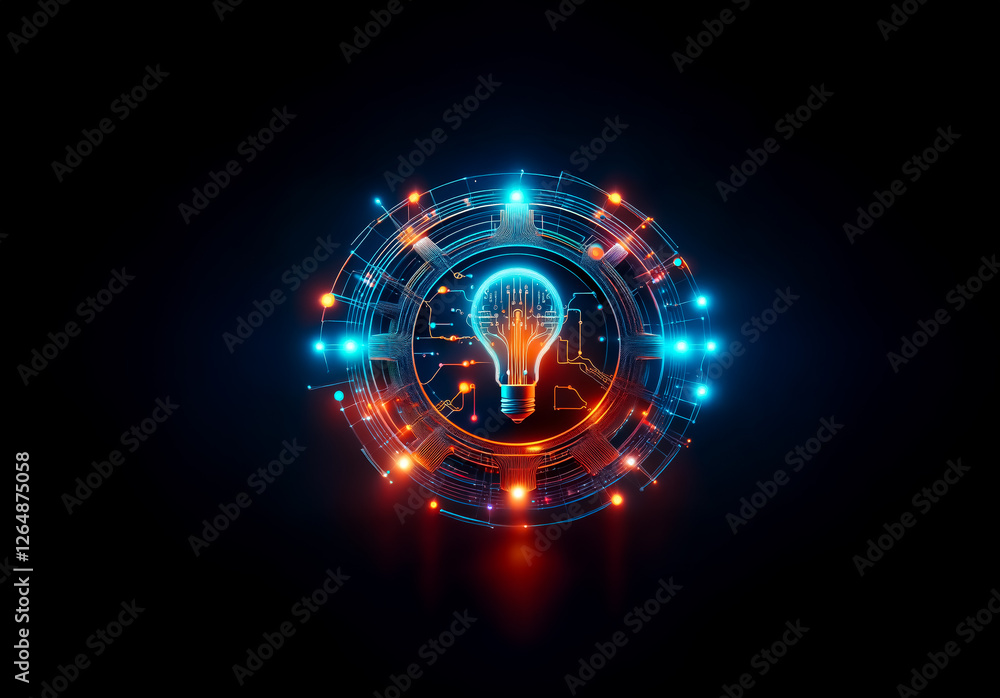 Poster glowing lightbulb in a futuristic circular frame. blue and orange lights illuminate the design again