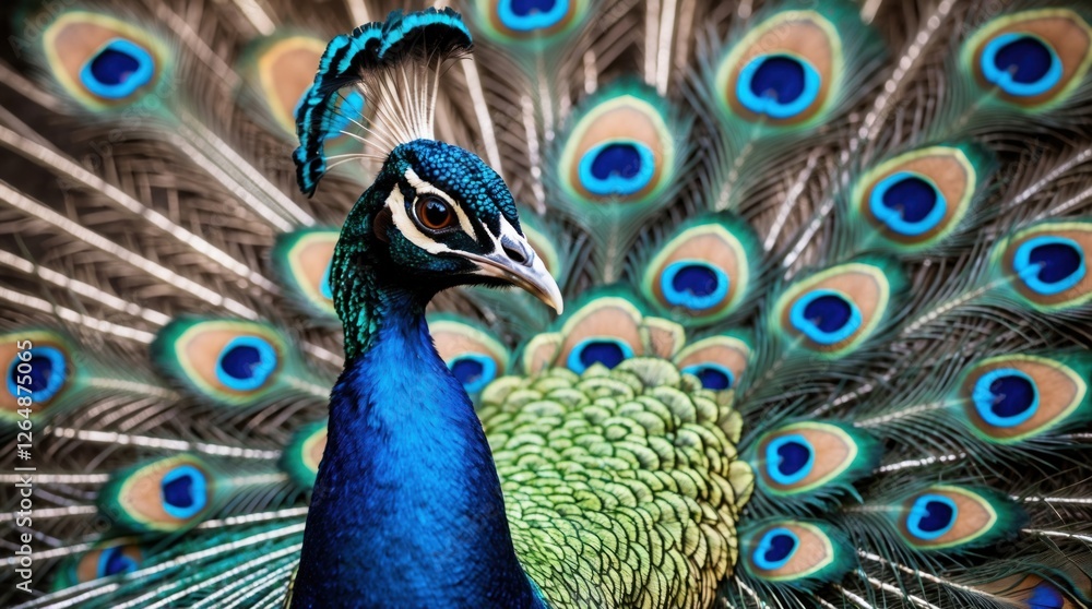 Poster close-up view of a peacock displaying vibrant feathers with a focus on iridescent colors and unique 