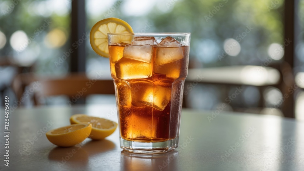 Poster Iced tea with lemon slices and ice cubes in a clear glass on a table with blurred background and copy space.