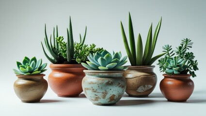 Fototapeta premium Succulent plants in decorative clay pots on a light background showcasing different sizes and shapes with Copy Space