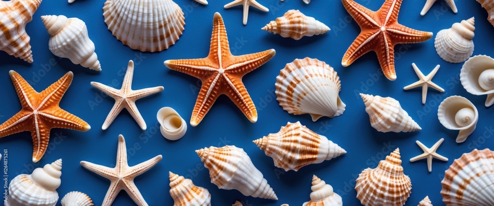Aufkleber various seashells and starfish arranged on a blue background with space for text or copy space
