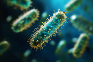 Fototapeta premium Generative AI illustration of microscopic bacterial forms showcasing vivid molecular structures and glowing effects