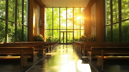 A hospital chapel with a serene ambiance, where people pray or find solace in moments of stress