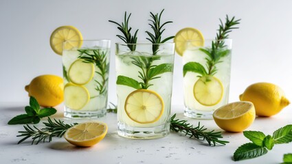 Refreshing lemonade drinks garnished with rosemary and mint in glasses with lemon slices, placed on a white background with lemons and herbs.