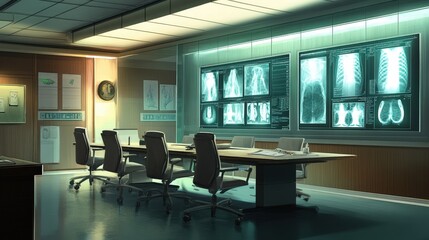 A hospital conference room where medical professionals discuss a case study with charts and x-rays displayed