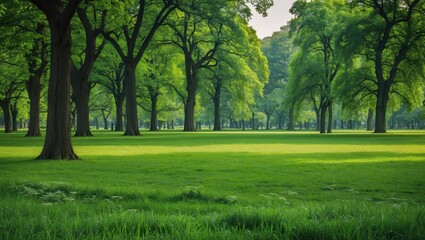Obraz premium Lush green forest landscape with tall trees and manicured grass under soft sunlight showcasing natural beauty and tranquility Copy Space