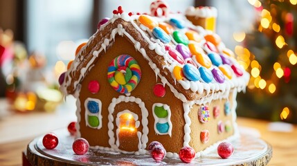 Obraz premium Colorful Christmas background of candies placed over gingerbread house