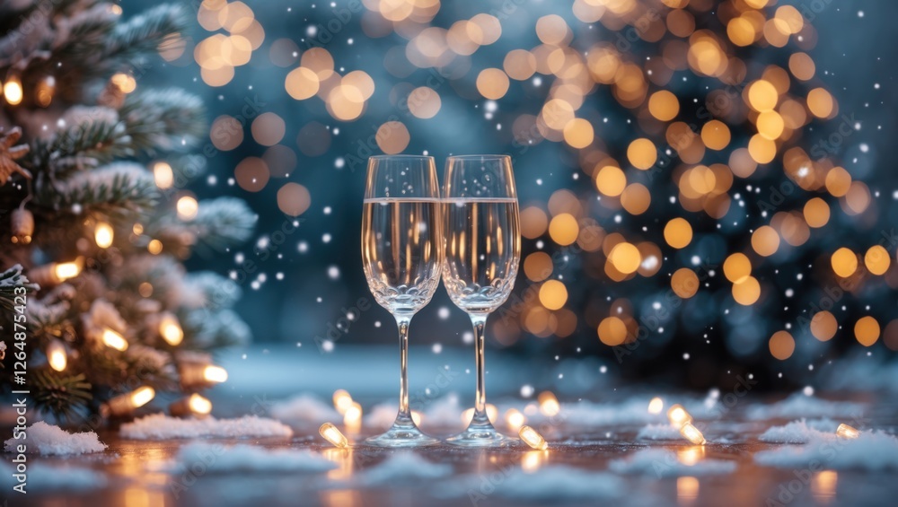 Aufkleber champagne glasses clinking in winter setting with snowfall and christmas tree bokeh lights in backgr