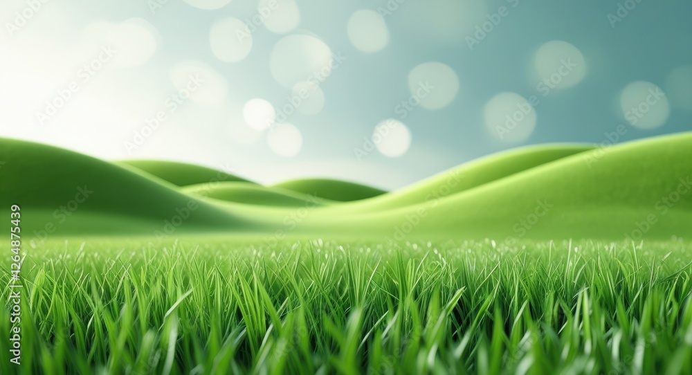 Poster lush green grass field with rolling hills and soft bokeh background natural landscape with copy spac
