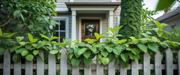 House entrance framed by a wooden fence adorned with lush green leaves and branches in a suburban neighborhood during daytime. Copy Space