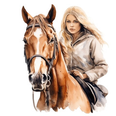Fototapeta premium watercolor: woman riding horse isolated on white or transparent png