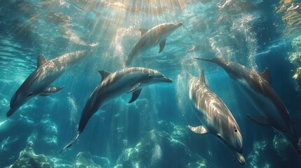 Fototapeta premium endangered dolphins swimming together in crystal-clear waters, their playful movements reflecting the beauty of marine life that is at risk due to overfishing and pollution.