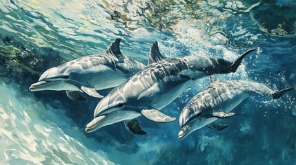 Fototapeta premium endangered dolphins swimming together in crystal-clear waters, their playful movements reflecting the beauty of marine life that is at risk due to overfishing and pollution.