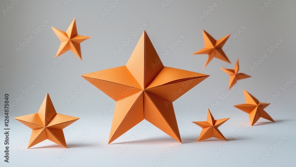 Poster orange paper stars in different sizes arranged on a light gray background with copy space for text p