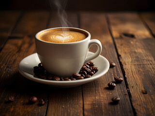 Create a warm and inviting image of a steaming hot cup of coffee situated on a rustic wooden table, surrounded by a few scattered coffee beans and a subtle drizzle of coffee grounds, with a soft, gold