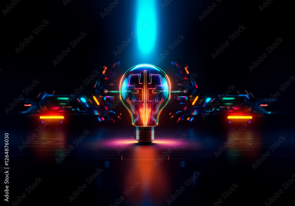 Aufkleber futuristic light bulb glows with neon colors and intricate circuitry on a dark reflective surface, e