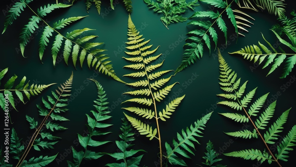 Poster diverse collection of green fern leaves arranged on a dark background with ample copy space for text
