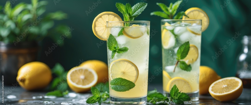 Poster fresh lemonade with mint and lemon slices in tall glasses with ice on a dark table with whole lemons