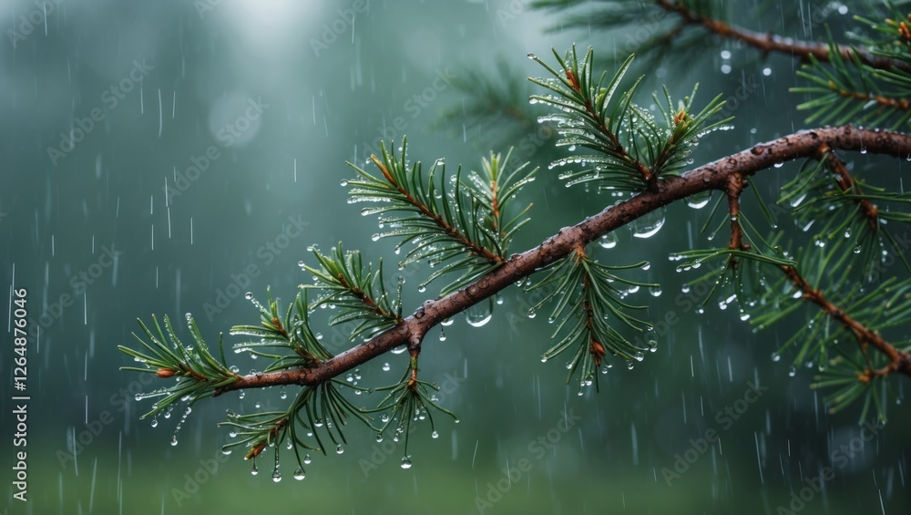 Aufkleber close-up of pine tree branch with raindrops on needles against a blurred green background copy space