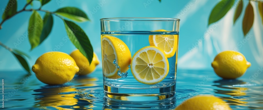 Poster fresh lemon slices floating in a glass of water on a reflective surface with lemons and green leaves