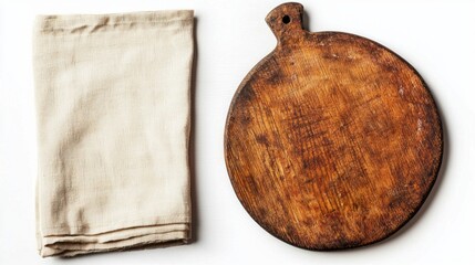 Fototapeta premium A rustic wooden pizza board sits empty beside a neatly folded cloth napkin, hinting at delicious meals yet to come and delightful gatherings with friends or family