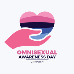 Omnisexual Awareness Day poster vector illustration. Hand giving heart icon. LGBT Omnisexual love symbol. Omnisexual graphic design element. Template for background, banner, card. 21 March