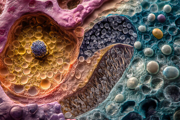 Generative AI illustration of microscopic bacterial forms showcasing vivid molecular structures and glowing effects