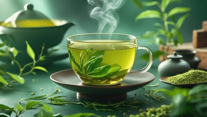 Green tea in a clear glass cup with fresh leaves, surrounded by tea accessories and herbs on a textured green background. Copy Space