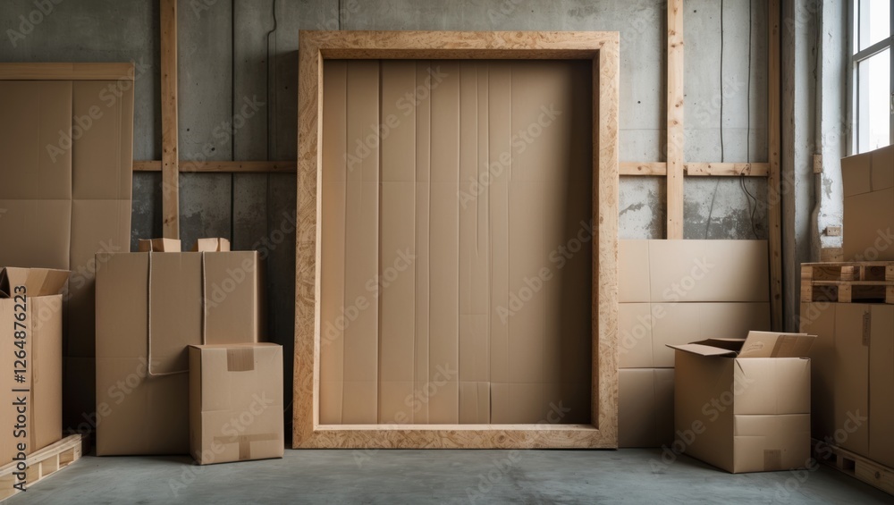 Poster cardboard boxes stacked in an industrial storage space with a large empty frame on the wall for copy