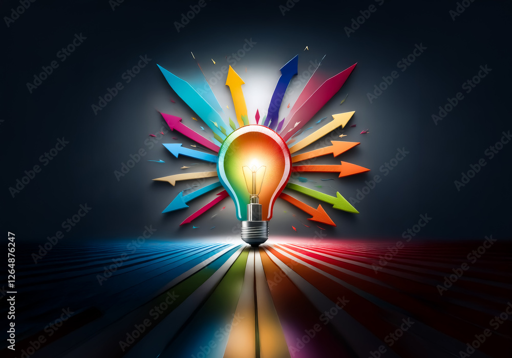 Poster colorful arrows radiate from a glowing light bulb set against a dark backdrop, symbolizing diverse i