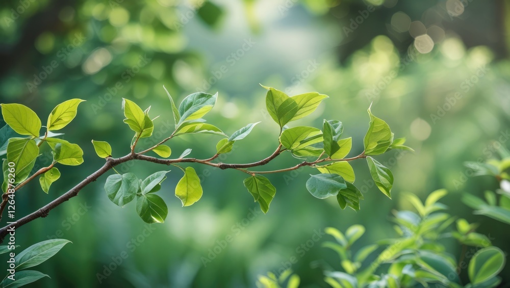 Poster green leaves on a branch with blurred background bokeh effect in natural setting copy space