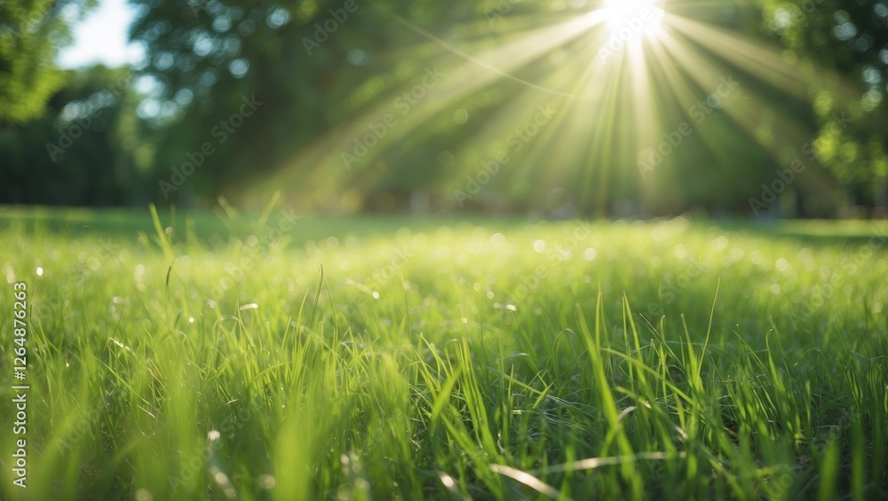 Aufkleber close-up view of fresh green grass with sunlight rays shining through trees in a park setting copy s