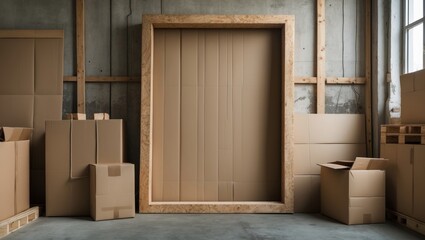 Cardboard boxes stacked in an industrial storage space with a large empty frame on the wall for copy space