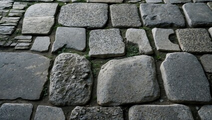 Stone cobblestone pavement with uneven surface and patches of grass in between stones, ideal for urban and historical concepts, Copy Space