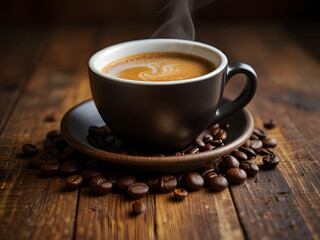 Create a warm and inviting image of a steaming hot cup of coffee situated on a rustic wooden table, surrounded by a few scattered coffee beans and a subtle drizzle of coffee grounds, with a soft, gold