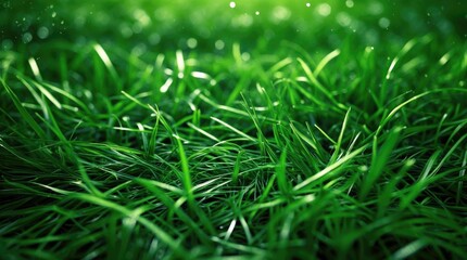 Obraz premium Close-up of lush green grass with dew drops and soft focus background ideal for nature and environmental themes Copy Space