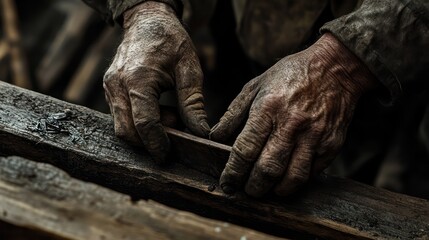A close-up of a carpenter's worn hands holding a plane tool to smooth down a rough wooden surface. 
