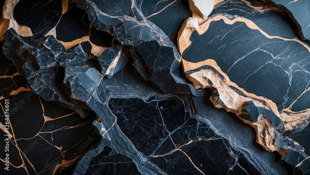 Poster patterned black marble and stone slabs with golden veining background texture and natural variations