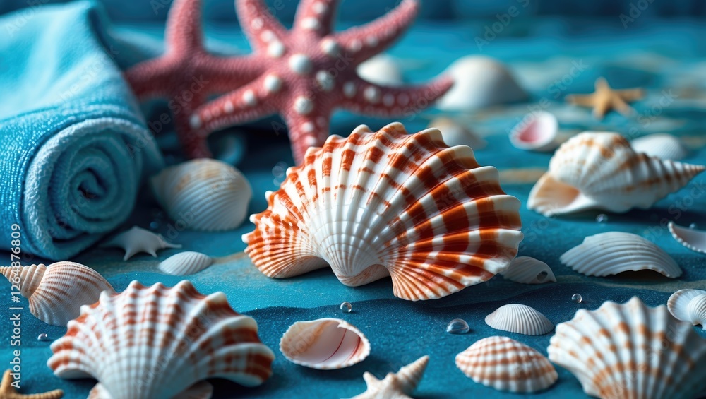 Aufkleber colorful seashells and starfish arranged on a blue surface with a rolled towel and small decorative 