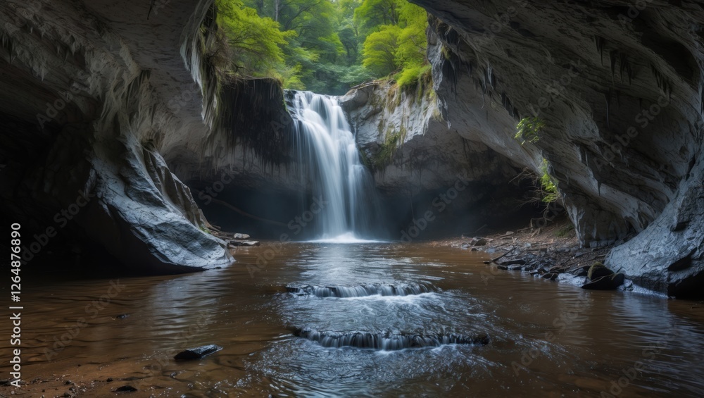 Poster waterfall cascading into a cave with lush greenery and tranquil river in a natural setting copy spac