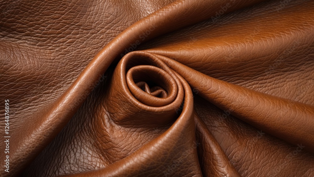 Poster brown leather texture folded in a spiral pattern showcasing its natural grain and softness with ampl