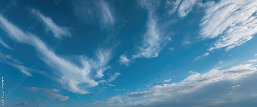 Poster blue sky with scattered clouds and wispy cirrus formations in a panoramic view with clear visibility