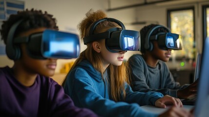 students using augmented reality (AR) technology to explore virtual worlds.