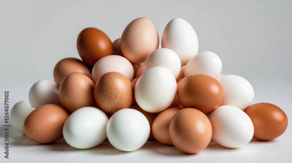 Poster stack of assorted white and brown eggs arranged in a pyramid on a light background with copy space f