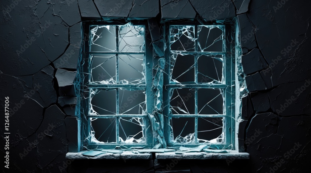 Poster broken window with shattered glass in a dark wall setting illuminated by soft light, dark textured b