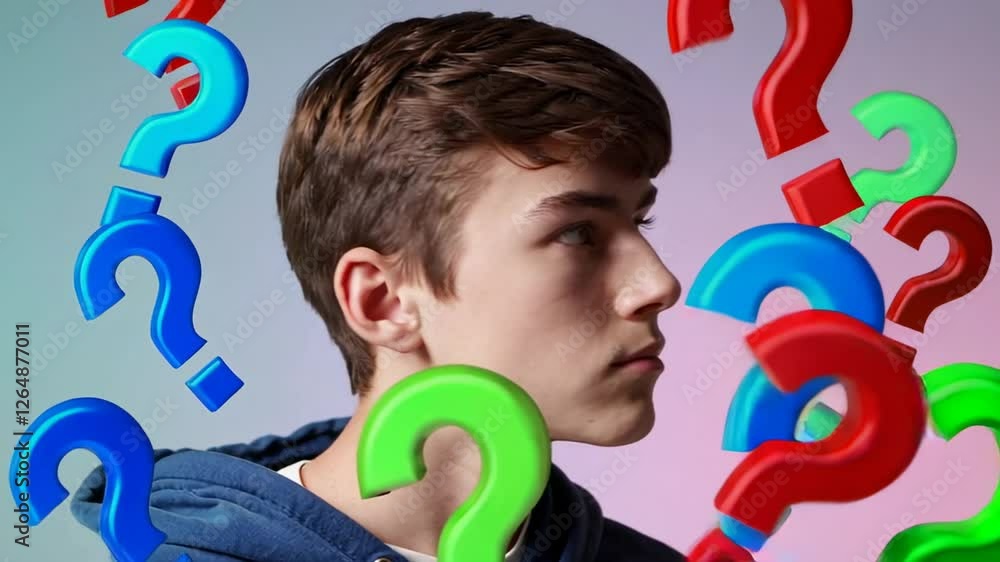 Poster contemplative young man turning head from front to profile, surrounded by vibrant 3d question marks 
