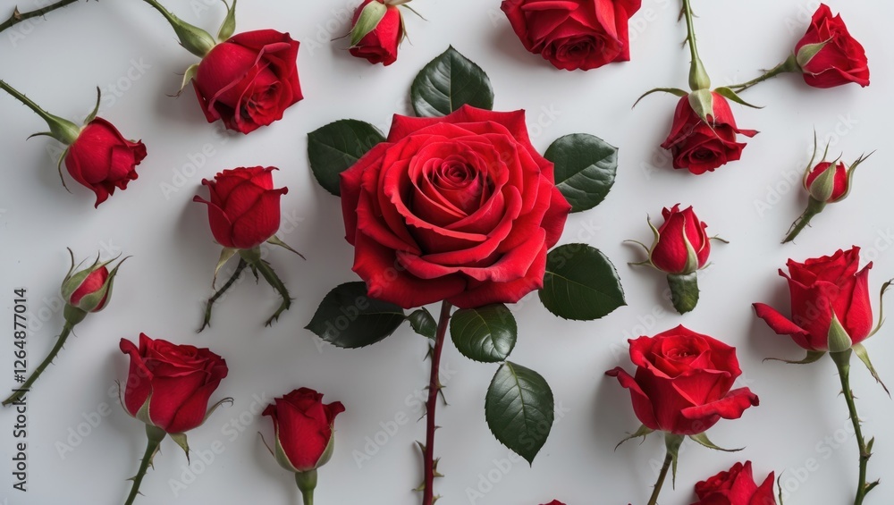 Poster red roses arranged on a light background with a prominent large bloom in the center and smaller buds