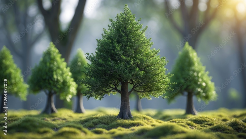 Aufkleber green pine trees in a serene forest setting with soft sunlight filtering through, moss-covered groun