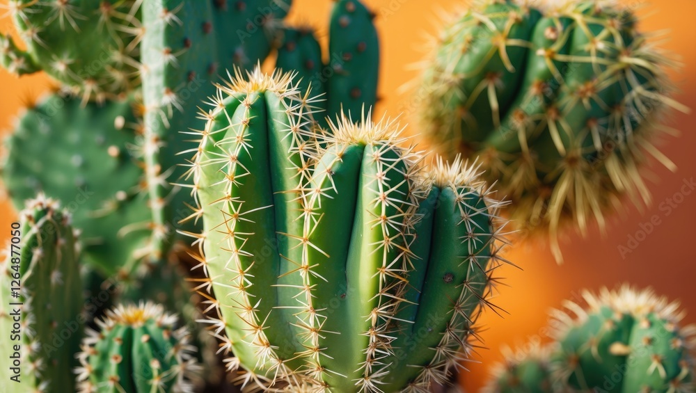 Poster cacti cluster with spines against orange background showing detailed texture and sharp thorns copy s